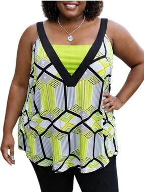 Worthington Plus Size 2X Top Sleeveless Yellow Black Geometric Print V-Neck Tank